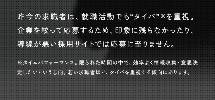 昨今の求職者は、就職活動でも“タイパ”※を重視。企業を絞って応募するため、印象に残らなかったり、導線が悪い採用サイトでは応募に至りません。