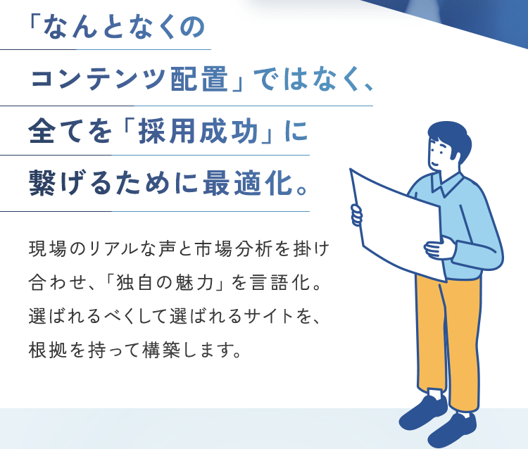 「なんとなくの コンテンツ配置」ではなく、 全てを「採用成功」に 繋げるために最適化。現場のリアルな声と市場分析を掛け合わせ、「独自の魅力」を言語化。選ばれるべくして選ばれるサイトを、根拠を持って構築します。