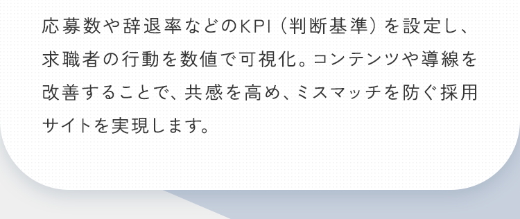 応募数や辞退率などのKPI（判断基準）を設定し、求職者の行動を数値で可視化。コンテンツや導線を改善することで、共感を高め、ミスマッチを防ぐ採用サイトを実現します。